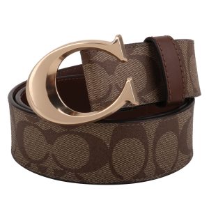 COACH-金色大C 防刮LOGO拚皮革皮帶/小