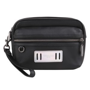 COACH-皮標LOGO素面皮革掛帶大手拿包