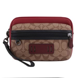 COACH-皮標LOGO拼色防刮皮革掛大手拿包