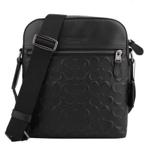 COACH防刮拼接浮雕LOGO皮革拉鍊直式斜背包