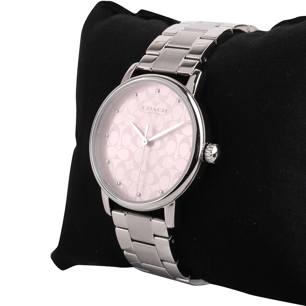 LOGO粉錶面不銹鋼錶帶女石英腕錶/35mm