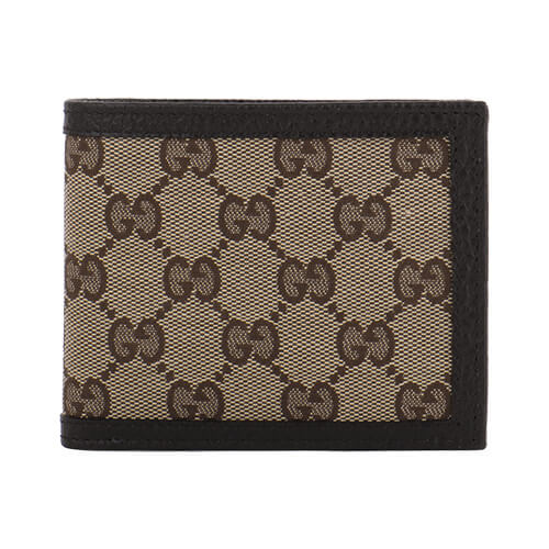 GUCCI小雙G 帆布牛皮滾邊對開8卡短夾_卡其咖