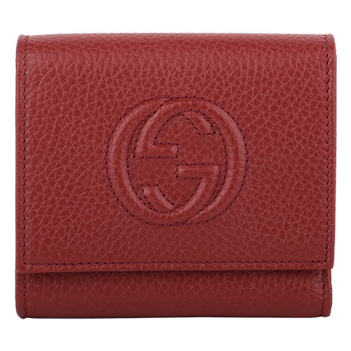 GUCCI經典雙G LOGO荔枝紋牛皮暗釦三折短夾 _紅色