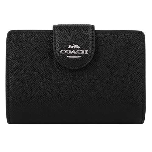 COACH銀馬車LOGO防刮皮革釦式拉鍊中夾_黑