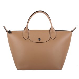 LONGCHAMP-LE PLIAGE水波紋皮革手提水餃包(小)_奶茶