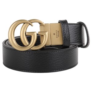GUCCI古銅金雙G 荔枝紋皮革細版女皮帶(90")_黑色