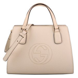 GUCCI雙G 浮印皮革手提斜背包黛妃包(中)_米白