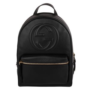 GUCCI-SOHO 壓印雙G 牛皮革銀鍊後背包_黑色