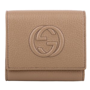 GUCCI壓印雙G 荔枝紋牛皮暗釦三折短夾_杏色