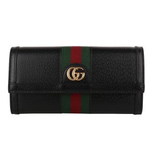 GUCCI Ophidia 金屬雙G織帶皮革翻釦長夾_黑色