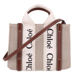 CHLOE-WOODY條槓字母LOGO帆布托特包(迷你)_米x褐色