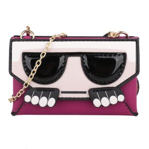 大臉卡爾皮革鍊帶卡夾包(迷你)_桃粉