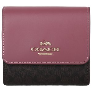 COACH金馬車防刮雙拼色暗釦三折短夾_粉x深咖