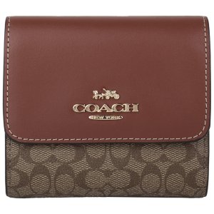 COACH金馬車防刮雙拼色暗釦三折短夾_焦糖x卡其