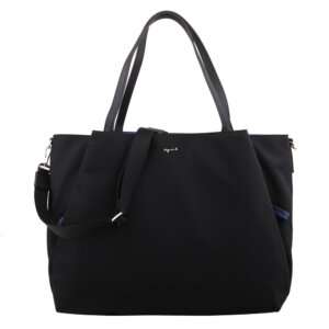 agnes b.銀字logo 前雙側拉鍊兩用托特包(大)_黑x內寶藍