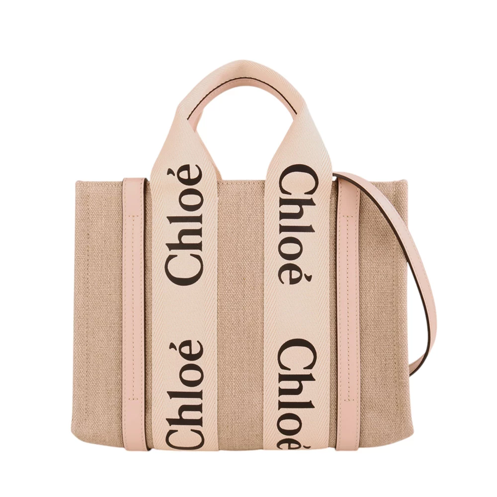 CHLOE-WOODY 字母帆布兩用托特包(米x粉邊)S