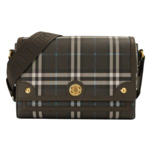 BURBERRY-Note 經典PVC 格紋磁釦斜背包(碳灰格x褐咖邊)中