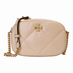 TORY BURCH-Kira金屬TB縫衍紋皮革橢圓相機包米
