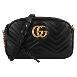 GUCCI-Marmont仿舊金色雙G LOGO牛皮斜背包/黑