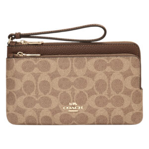 COACH-經典撞色防刮LOGO雙層拉鍊大手拿包(卡其X棕木)