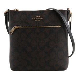 COACH-金馬車防刮滿版LOGO斜背扁包(深咖x黑邊)