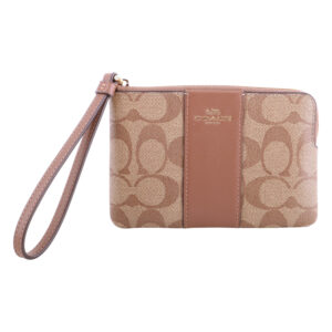 COACH-烙印金馬車駝槓條滿版LOGO單層手拿包(深卡其)