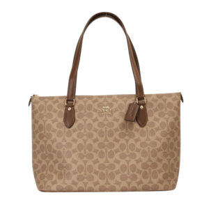 COACH-金馬車防刮LOGO肩背托特包(深卡其ｘ棕木)中