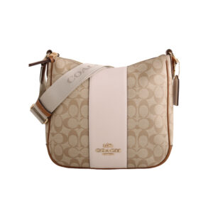 COACH-白槓LOGO皮革直式斜背包(卡其x白)