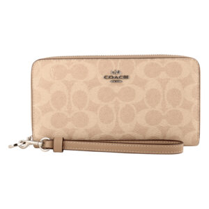 COACH-金馬車防刮LOGO皮革拉鍊掛帶長夾(卡其x淺褐)
