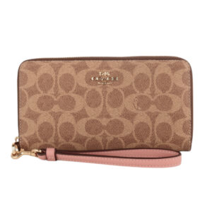 COACH-金馬車防刮LOGO皮革拉鍊掛帶長夾(卡其x粉帶)