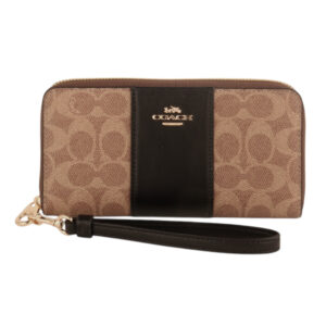 COACH-金馬車防刮LOGO皮革拉鍊掛帶長夾(卡其x黑槓)