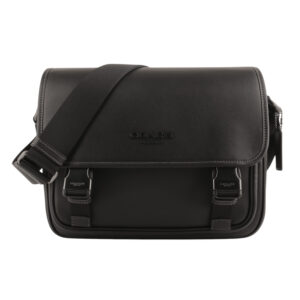 COACH-雙皮帶釦皮革方型斜背包(素面黑)中