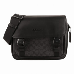 COACH-雙皮帶釦防刮LOGO 方型斜背包(黑x黑灰)