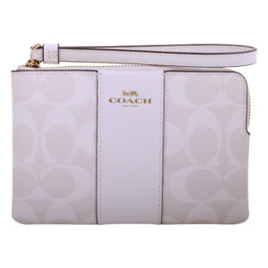 COACH-烙印金馬車白槓條滿版LOGO單層手拿包(漆白)