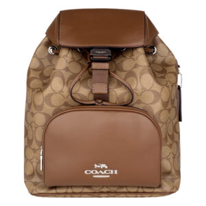 COACH-撞色防刮LOGO前口袋壓釦後背包(卡其x咖)