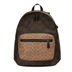 COACH-防刮LOGO撞色皮革後背包(卡其x深咖)大