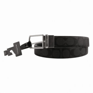 COACH-防刮LOGO皮革細版穿針式皮帶(黑灰)30mm