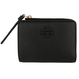 TORY BURCH-皮雕TB皮革拉鍊暗釦短夾黑