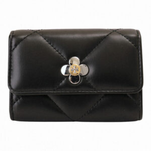 TORY BURCH-三葉草絎縫紋皮革翻蓋卡夾黑