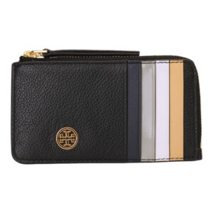 TORY BURCH-撞色多卡夾皮革L型拉鍊卡夾零錢包黑