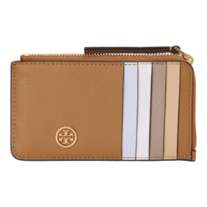 TORY BURCH-撞色多卡夾皮革L型拉鍊卡夾零錢包駝米