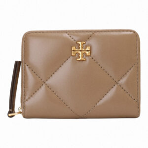 TORY BURCH-金屬雙T 皮革ㄇ型拉鍊短夾奶茶色