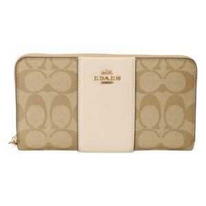 COACH 金屬馬車荔枝紋皮革掛帶拉鍊長夾(淺卡其x白槓)