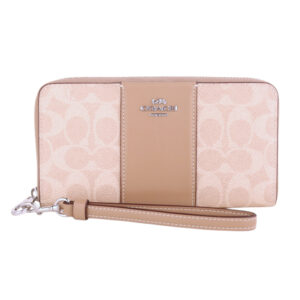 COACH 金馬車防刮LOGO皮革拉鍊掛帶長夾(淺卡其x膚)