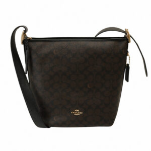 COACH 防刮PVC LOGO 皮革斜背水桶包(深咖啡)中