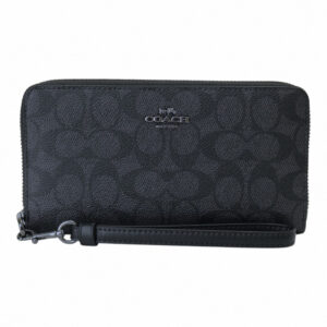 COACH 霧黑馬車防刮LOGO皮革掛帶長夾(黑灰)