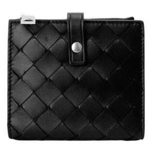 BOTTEGA VENETA-銀釦小羊皮編織釦式零錢袋短夾(黑色)