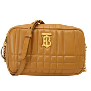 BURBERRY-金屬銀B LOGO 小羊皮相機包(焦糖棕)