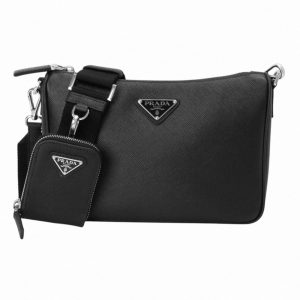 Prada-三角標防刮皮革附小掛包拉鍊斜背包(黑)