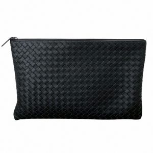 BOTTEGA VENETA-經典編織小羊皮拉鍊大手拿包(黑)